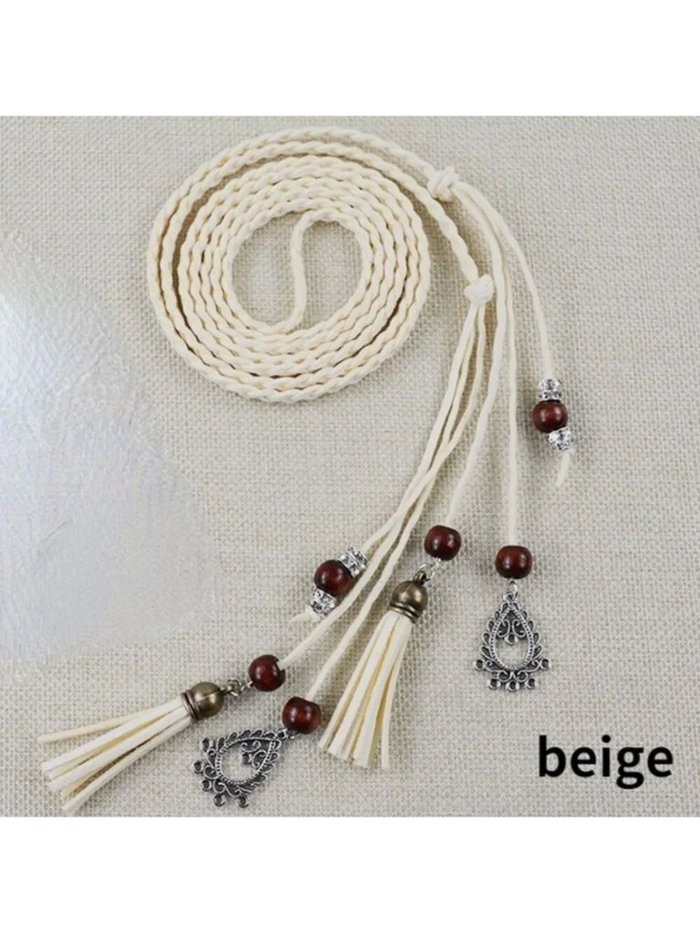 White/Beige Braided Wrap-Around Waist Belt With Tassels & Metal Charms
